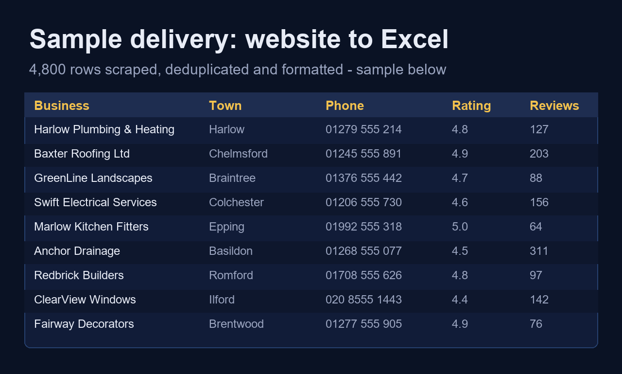 A clean spreadsheet of scraped business listings